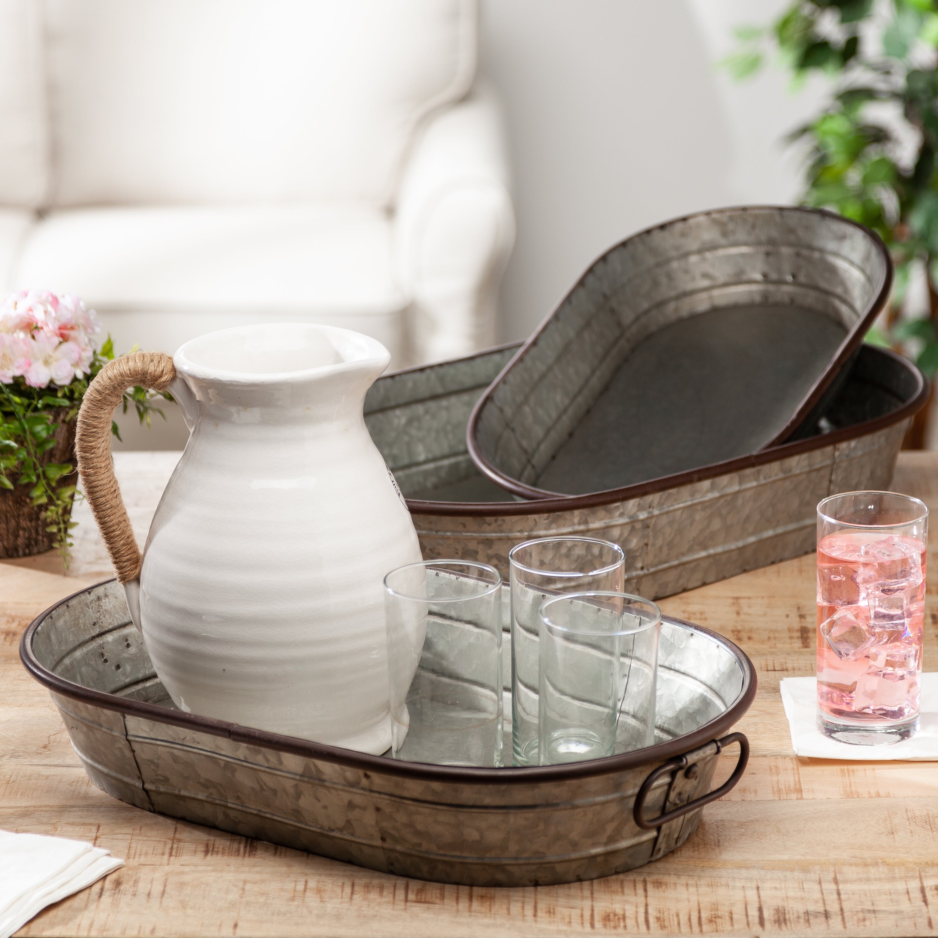 Set of 3 Decorative Oval Galvanized Metal Planter Trays